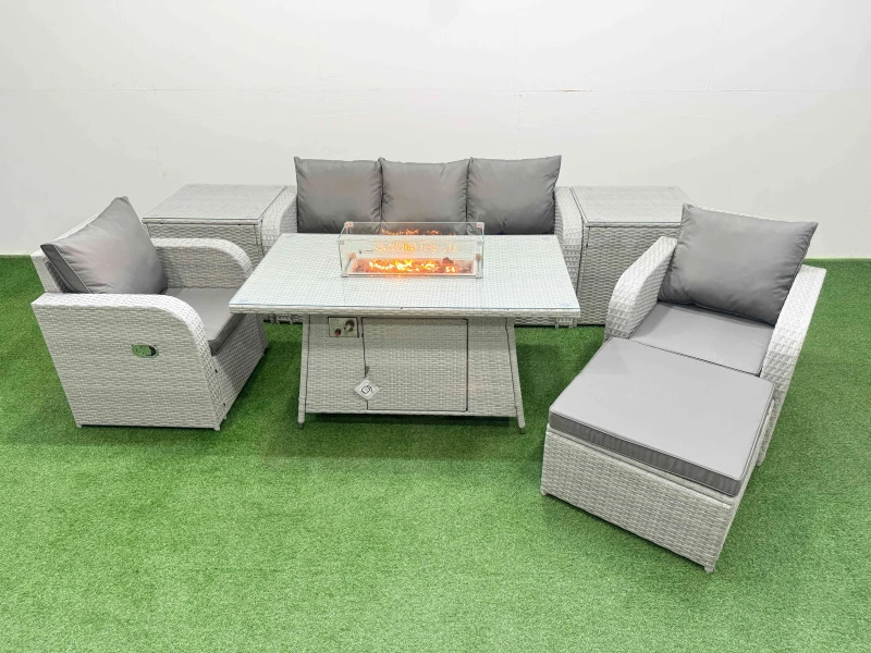 Image of Fimous PE Rattan Garden Furniture Set Reclining Chair Sofa Lounge Sofa Set Firepit Dining Table 2 Side Table Big Footstool Light Grey Light Grey