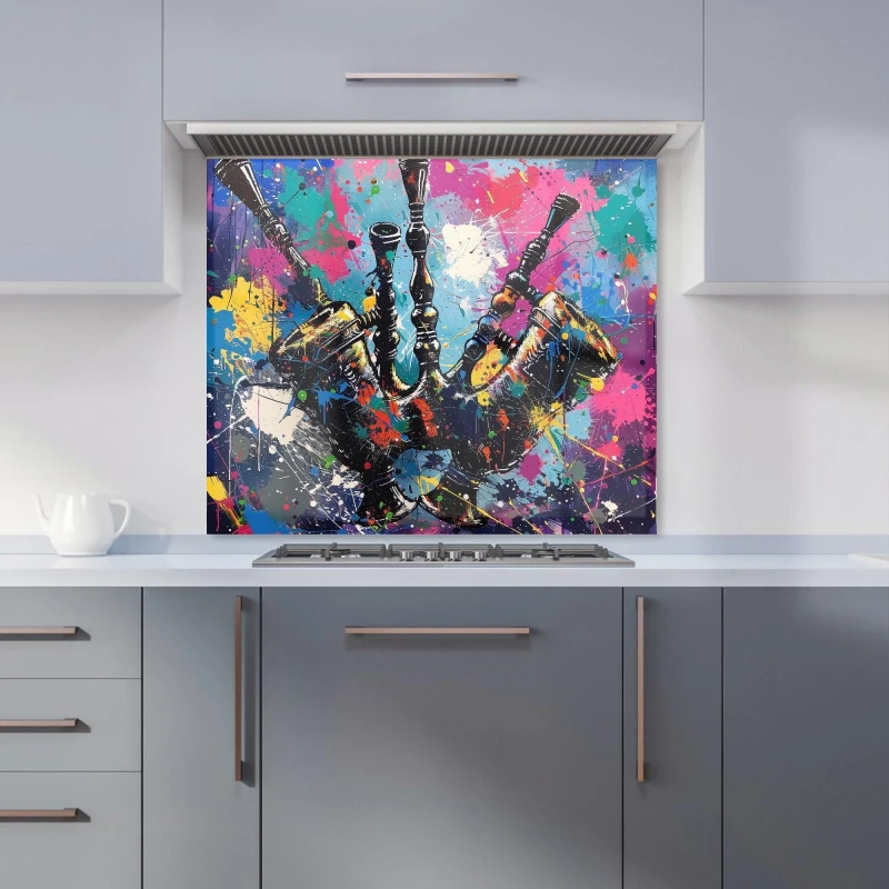 Image of Warren Reed - Designer Scottish Bagpipes Splashart Kitchen Splashback Size: 600mm x 750mm Multicolor Unisex 600mm x 750mm