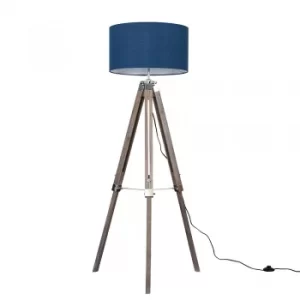 Image of Clipper Light Wood and Chrome Floor Lamp with XL Navy Blue Reni Shade