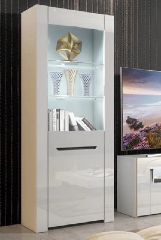 Image of Furneo High Gloss & Matt White Display Cabinet Cupboard Milano 09 White LED Lights