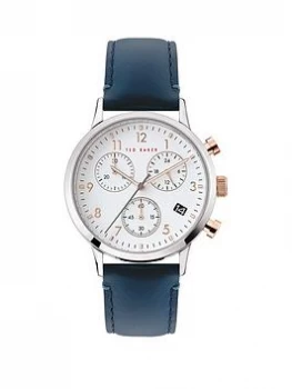 Image of Ted Baker Cream and Rose Gold Detail Chronograph Dial Blue Leather Strap Watch, One Colour, Men