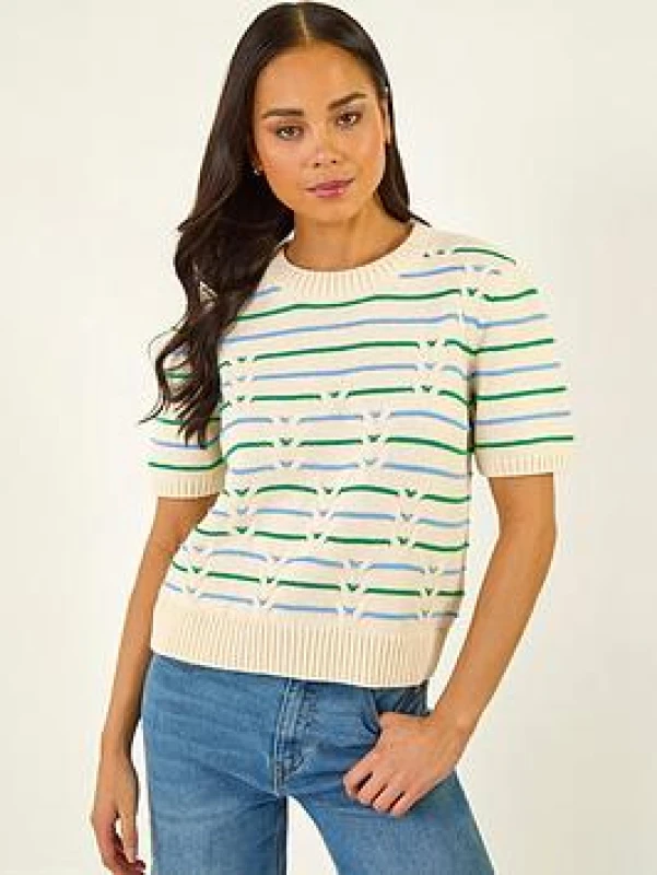 Image of Roman Womens Petite Cable Knit Stripe Jumper in Ivory Size: 10 Ivory Female 10