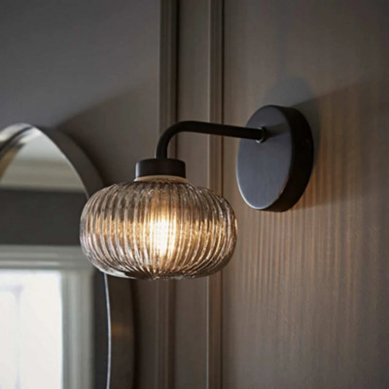 Image of ValueLights Amaia Matte Black IP44 Rated Single Smoked Ribbed Glass Wall Light Black