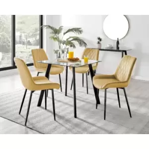 Image of Furniturebox UK - Furniturebox Seattle Glass and Black Metal Leg Square Dining Modern Industrial Dining Table & 4 Mustard Pesaro Black Leg Velvet