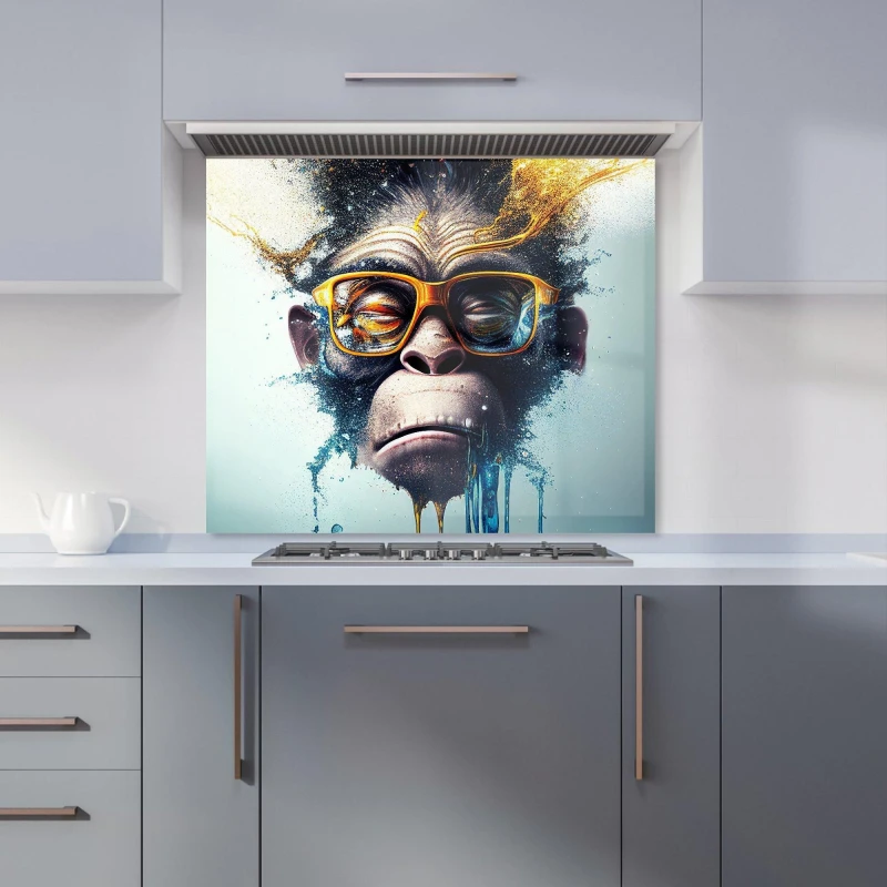 Image of Warren Reed - Designer Monkey With Glasses Splashart Kitchen Splashback in Blue Size: 900mm x 750mm Blue Unisex 900mm x 750mm