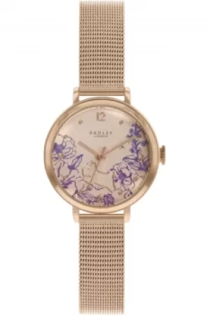 Image of Radley Sketchbook Floral Mini Ladies Rose Gold Stainless Steel Mesh Strap Illustrated Flower Dial Watch RY4524