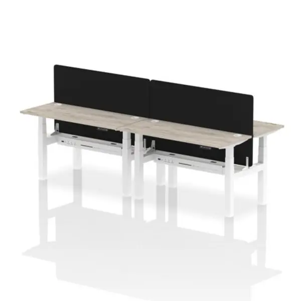 Image of Air Air Back-to-Back 1400 x 600mm Height Adjustable 4 Person Bench Desk Grey Oak Top with Cable Ports White Frame with Black Straight Screen HASCP4P1