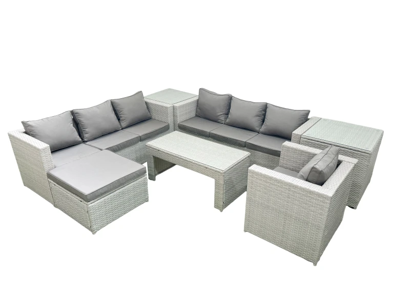 Image of Fimous Wicker PE Rattan Sofa Garden Furniture Set with Oblong Coffee Table Armchair Big Footstool 2 Side Tables Light Grey Mixed Light Grey