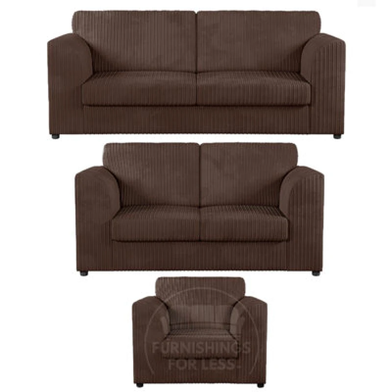 Image of Furnishings For Less UK Luxor Jumbo Cord 3 + 2 + 1 Fabric 3 Piece Sofa Suite - Fullback Chocolate