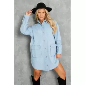 Image of I Saw It First Light Wash Utility Pocketed Denim Dress - Blue