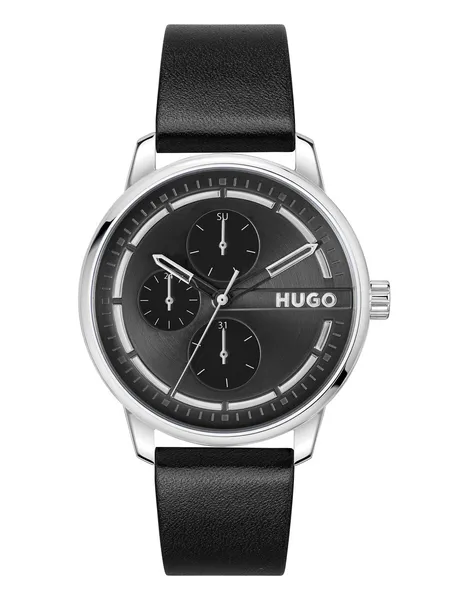 Image of HUGO 1530366 Mens #Stamp (42mm) Black Dial / Black Leather Watch
