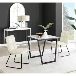 Image of Furniture Box Carson White Marble Effect Square Dining Table and 2 Cream Menen Chairs