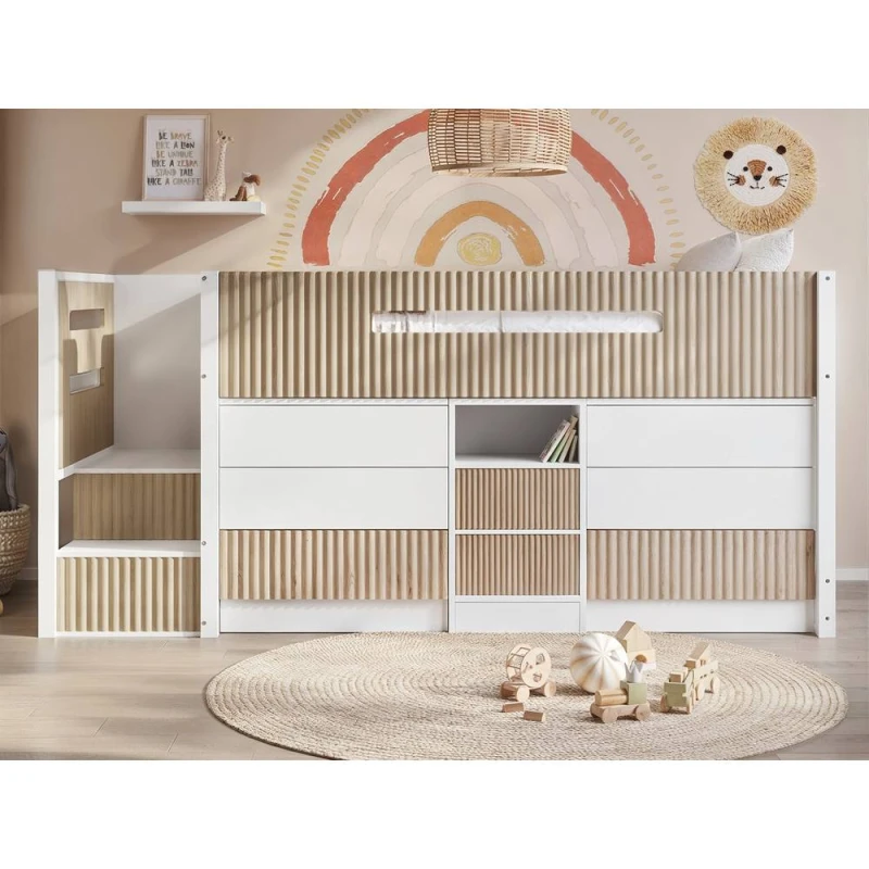 Image of Flair Luca Ribbed Mid Sleeper Storage Bed in Light Oak Size: Single Light Oak Unisex Single
