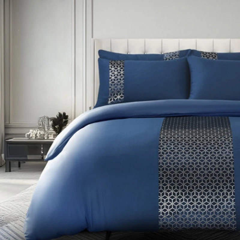 Image of Velosso Elegant Foil Printed Duvet Cover & Pillowcase Set, Luxury Bedding, Modern Bed Covers With Stylish Geometric Pattern, - Navy