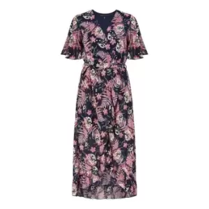 Image of Mela Navy Tropical Floral Midi Dress - Blue