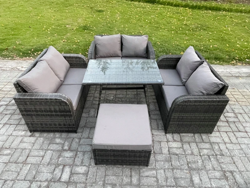 Image of Fimous Rattan Garden Furniture Set 7 Seater Patio Outdoor Love Sofa Set with Rectangular Dining Table Big Footstool Dark Grey Mixed Dark Grey