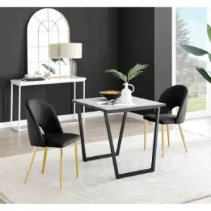 Image of Furniture Box Carson White Marble Effect Square Dining Table and 2 Black Arlon Gold Leg Chairs