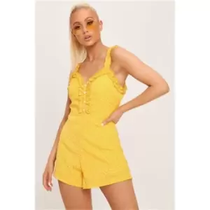 Image of I Saw It First Yellow Ruffle Detail Polka Dot Playsuit - Yellow