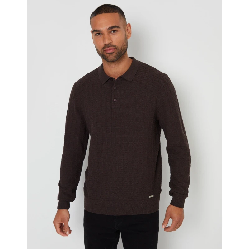 Image of Threadbare 'Shawbrook' Long Sleeve Textured Knit Polo Collar Jumper Chocolate