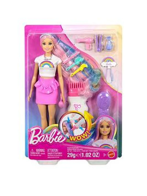 Image of Barbie Rainbow Sparkle Hair Doll Extra-Long and Colorful Hair with 12 Styling Accessories like Glitter Tube Brush Clips Hair Dryer and More JJP07