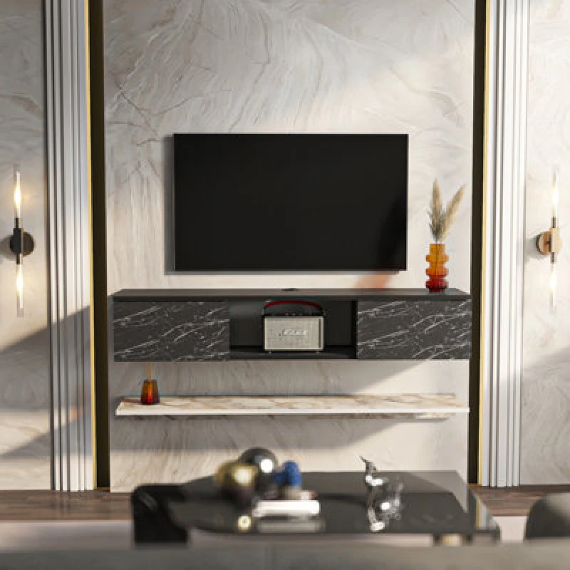 Image of Decorotika Modern Elia TV Unit With Storage Black And White Marble Effect