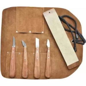 Image of Beber BEBKIT2 Chip Carving 4 Piece Set With Leather Strop In A Leather Tool Roll