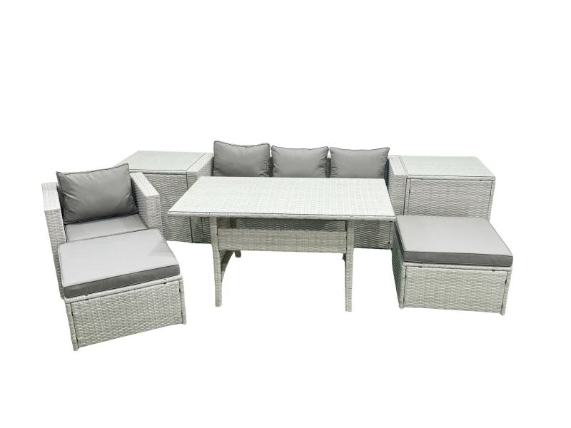 Image of Fimous Rattan Garden Furniture Set Outdoor 6 Seater Patio Dining Sets with Glass Top Dining Table 2 Side Tables Light Grey Mixed Light Grey