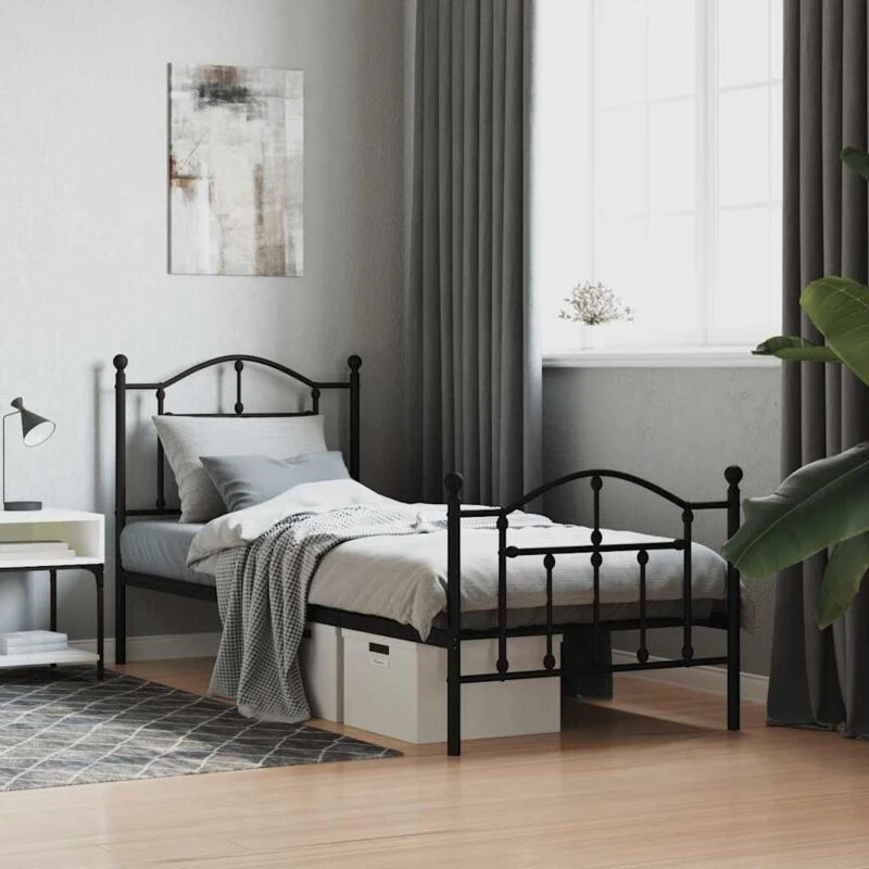 Image of Vidaxl Metal Bed Frame Without Mattress With Footboard Black 90X190 Cm Single, Black 353449