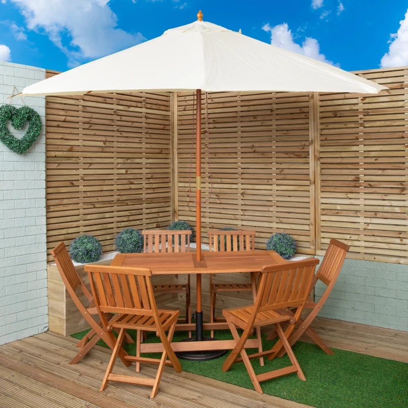Image of Outdoor 6 Person Folding Rectangular Wooden Garden Dining Table Chairs Cream Parasol and Base set