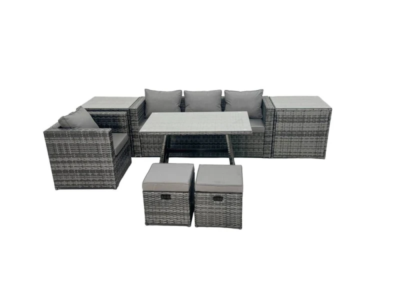 Image of Fimous Rattan Dining Table Sofa Set with 2 Side Tables 2 Footstools Outdoor in Dark Grey Dark Grey Unisex