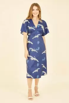 Image of Navy Crane Print Kimono Midi Dress