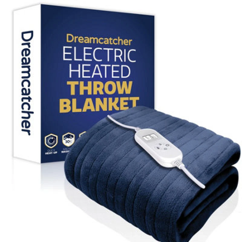 Image of Dreamcatcher Deluxe Xl Electric Throw Heated Double Over Blanket Soft Fleece 9 Heat & 12Hr Timer Settings - Navy Blue