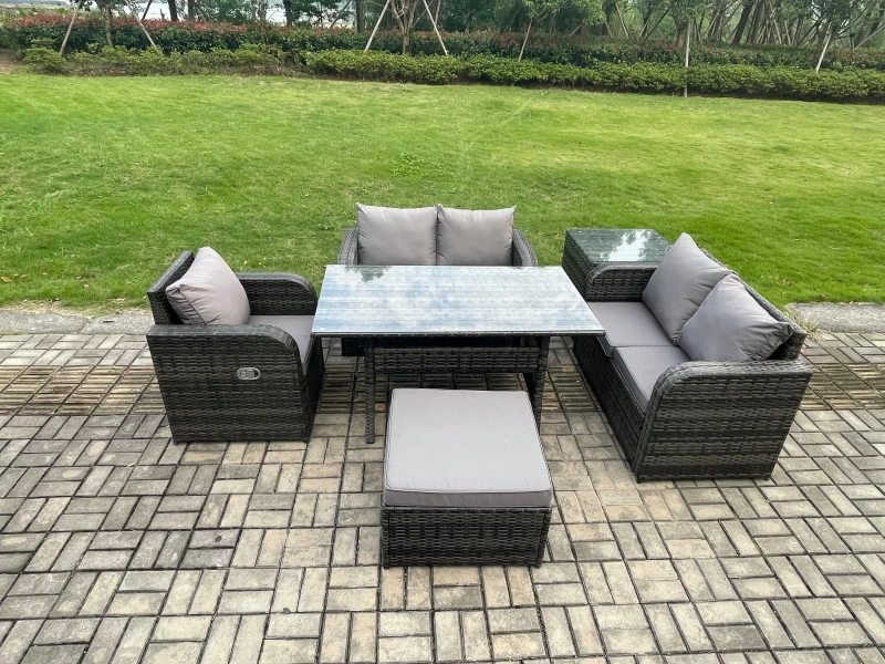 Image of Fimous Lounge Rattan Sofa Set Outdoor Garden Furniture Oblong Rectangular Dining Table With Chairs Big Footstool Side Table in Dark Grey Dark Grey Uni