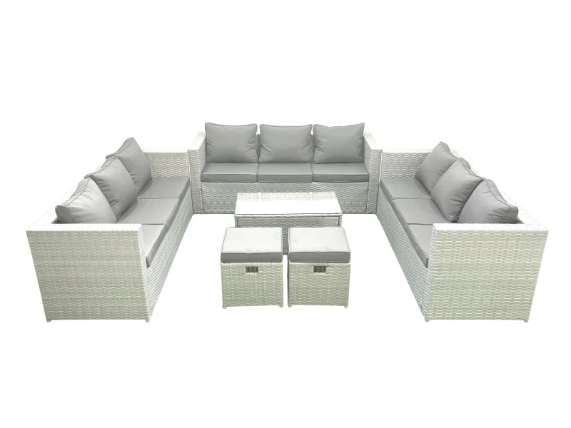 Image of Fimous Rattan Garden Outdoor Furniture Set 11 Seater Garden Sofa Coffee Table Set with 2 Small Footstool Light Grey Mixed Light Grey