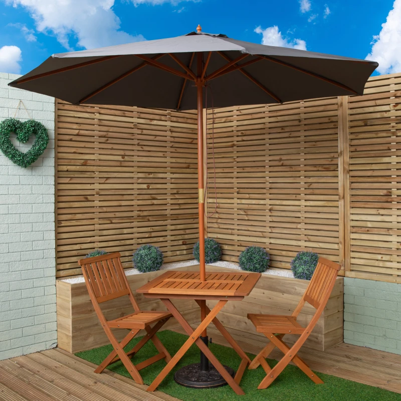 Image of Outdoor 2 Person Folding Wooden Garden Dining Table Chairs Grey Parasol and Base Set