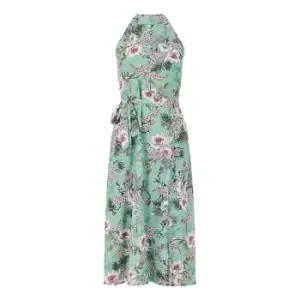 Image of Yumi Green Tropical Palm Print Halter Dress - Green