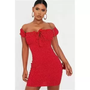 Image of I Saw It First Red Polka Dot Bengaline Milk Maid Bodycon Dress - Red