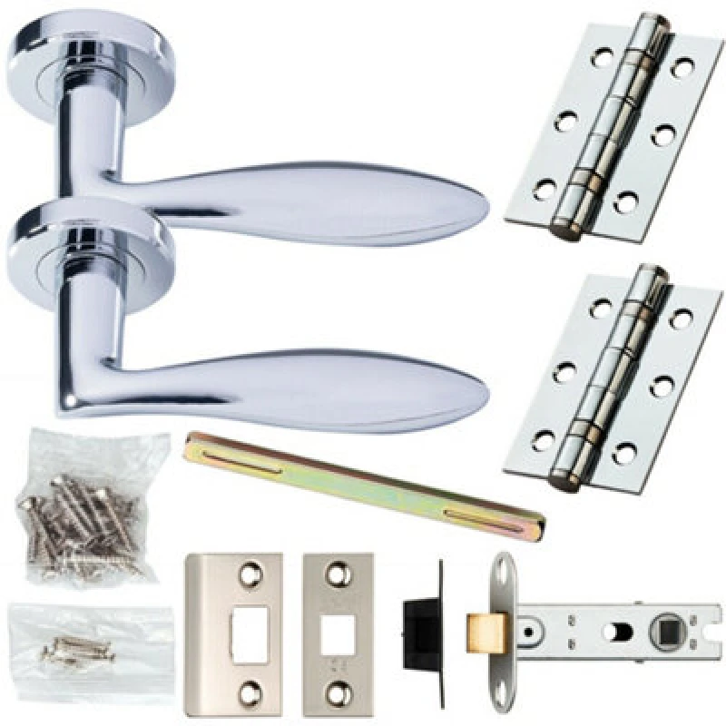 Image of Loops Door Handle & Latch Pack Chrome Modern Smooth Scroll on Screwless Round Rose Multi