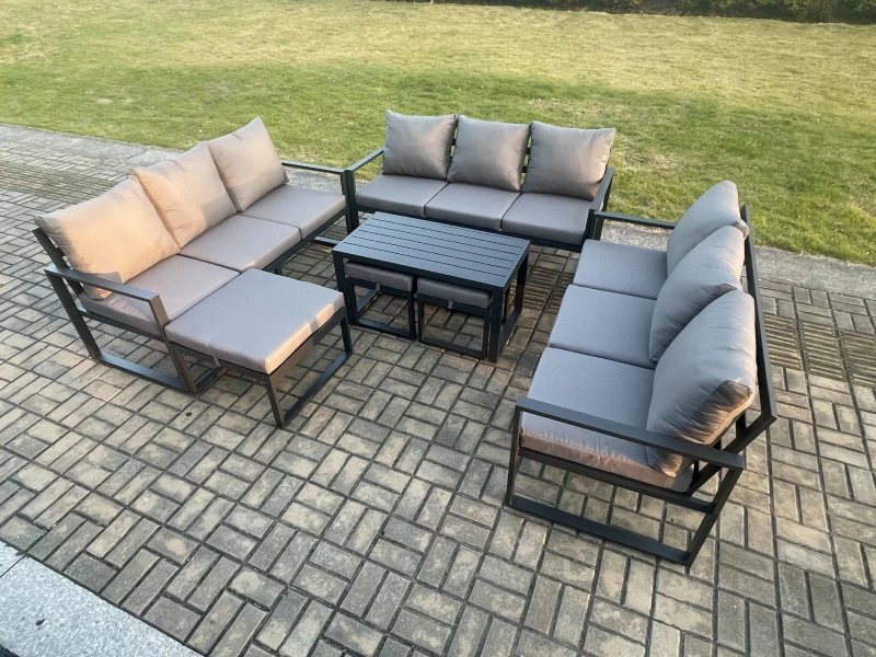 Image of Fimous Aluminium Outdoor Garden Furniture Set Lounge Sofa Oblong Coffee Table 3 Footstools Sets with Cushions Dark Grey 12 Seater Dark Grey Unisex