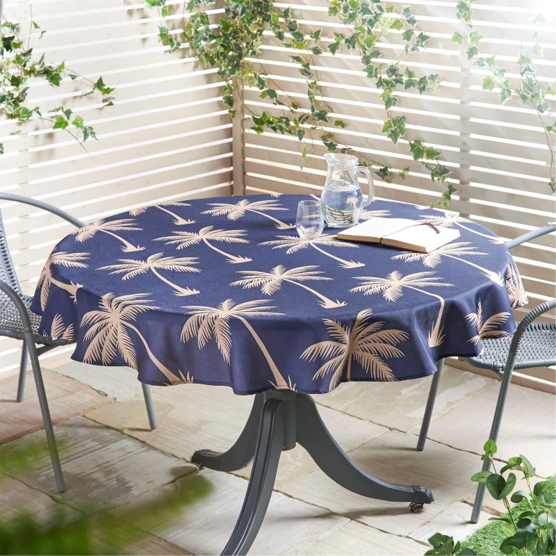 Image of Palm Water Resistant Outdoor Tablecloth 150cm Round Blue