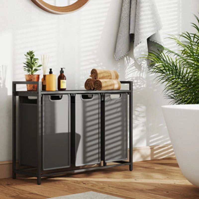 Image of LEDREM Laundry Basket, 3-Compartment Laundry Hamper, Pull-Out And Removable Laundry Bags, Laundry Sorter, Shelf, Metal Frame