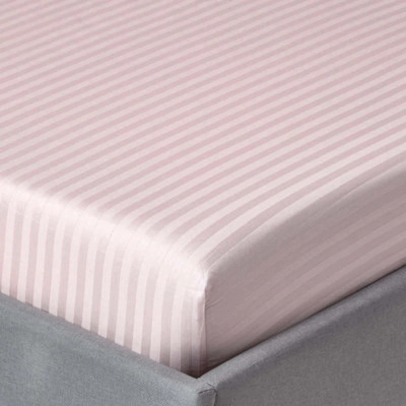 Image of Homescapes Dusky Pink Violet Egyptian Cotton Satin Stripe Fitted Sheet 330 Tc, Double