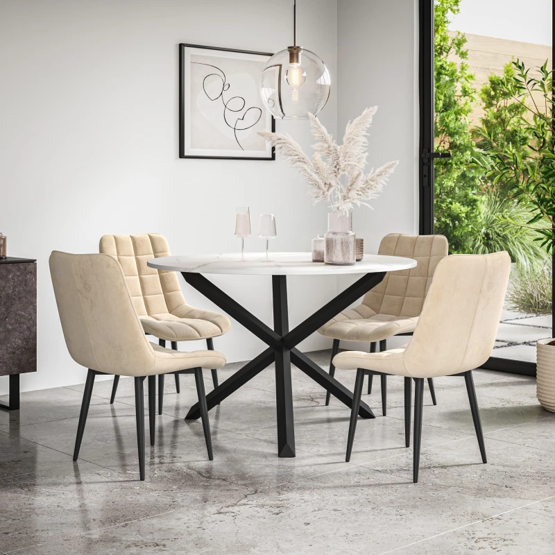 Image of More4Homes Malvern Round Dining Table And Chairs - Marble Table Top W Solid Black Oak Legs + Nova Velvet Dining Chair Set Of 4 (Beige)