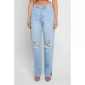 Image of I Saw It First Light Wash Bust Knee Split Hem Jeans - Blue
