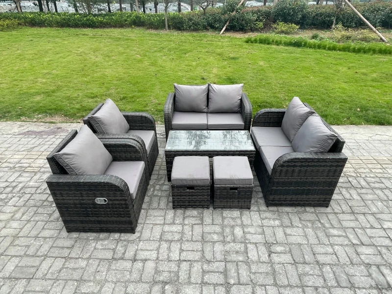 Image of Fimous Patio Garden Furniture Sets Wicker 8 Seater Outdoor Rattan Furniture Sofa Sets with Coffee Table Reclining Chair 2 Small Footstools Dark Grey