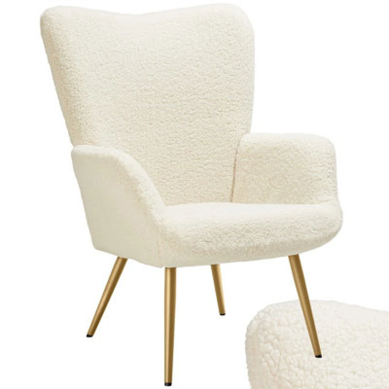 Image of Tectake 1 Armchair Hygge - Padded, Armrests And Ergonomic Backrest, 150 Kg Load Capacity Without Stool - Boucle Cream/gold