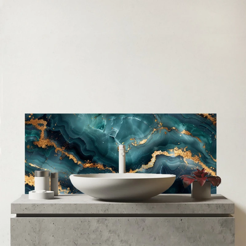 Image of Warren Reed - Designer Blue, Gold Marble Effect Glass Bathroom Splashback in Blue Blue Unisex