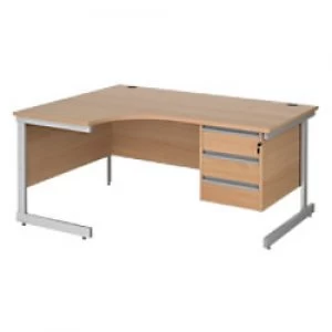 Image of Left Hand Ergonomic Desk with 3 Lockable Drawers Pedestal and Beech Coloured MFC Top with Silver Frame Cantilever Legs Contract 25 1600 x 1200 x 725 m