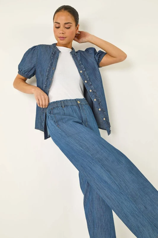 Image of Roman Womens Petite Wide Leg Trouser in Indigo Size: 10 Indigo Female 10