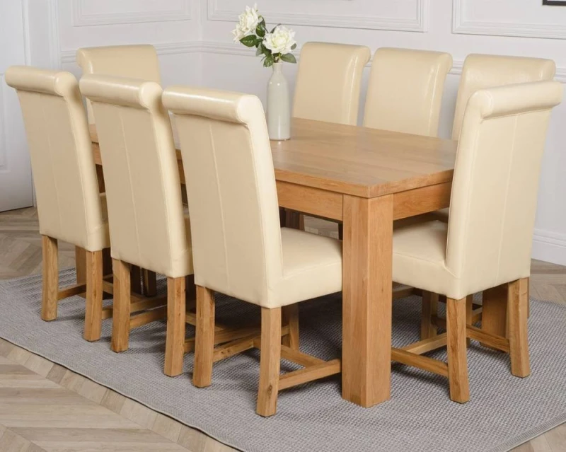 Image of Thats Furniture Dakot 182 x 92cm Oak Large Dining Table & 8 Washington Leather Chairs in Cream Size: 182 x 92cm Cream Unisex 182 x 92 cm